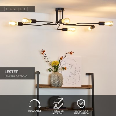 Lucide LESTER - Lámpara de techo - 6xE27 - Negro